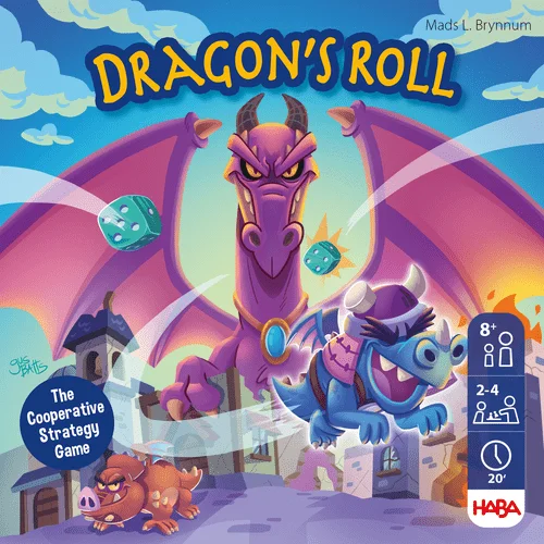 Dragon's Roll box cover art with dice and dragons