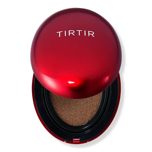TIRTIR Mask Fit Red Cushion in shade 35N Walnut — open red metallic compact showing cushion sponge