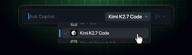 GitHub Copilot model picker with Kimi K2.7 Code selected