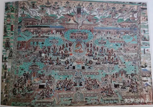 第148窟经变画面中的楼阁、佛会与下方供养场景
