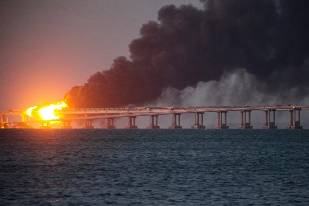 Smoke rises from the Kerch Bridge area after Ukrainian strikes in 2022