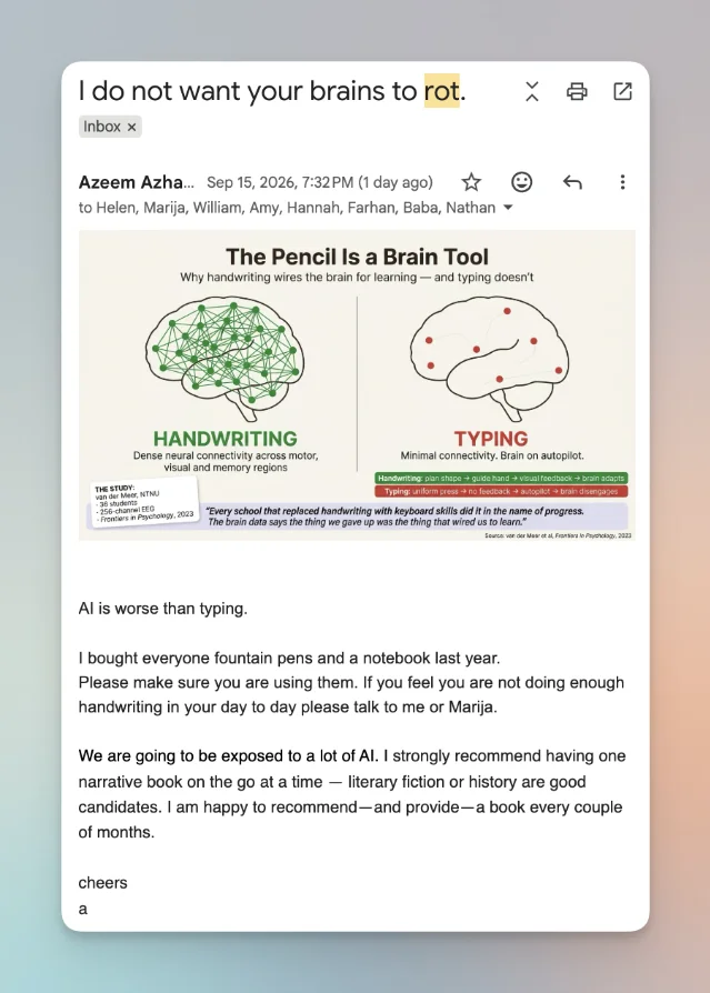 Screenshot of an email headed "I do not want your brains to rot" showing a handwriting-versus-typing brain-connectivity infographic above two paragraphs of instructions