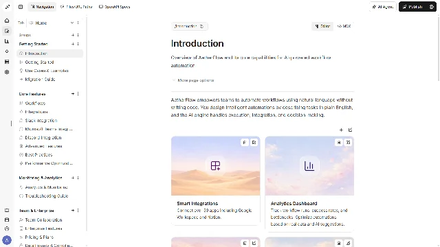 Documentation.AI's editor, showing a page tree beside a page being edited, with the AI agent and publish controls in the header