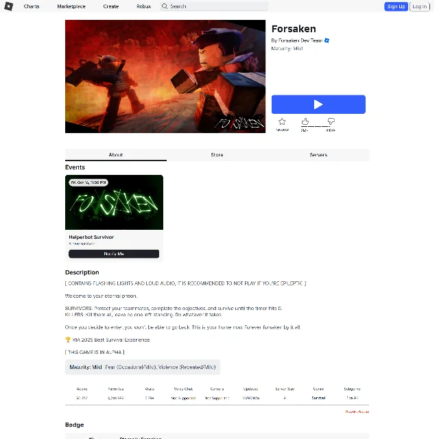 The Forsaken experience page on Roblox, showing the game's key art, a Helperbot Survivor event card dated Friday 16 October, and a statistics row reading Active 50,352, Favourites 3,236,982, Visits 5.7B+, Updated 10/9/2026, Server Size 9, Genre Survival, Subgenre 1 vs All