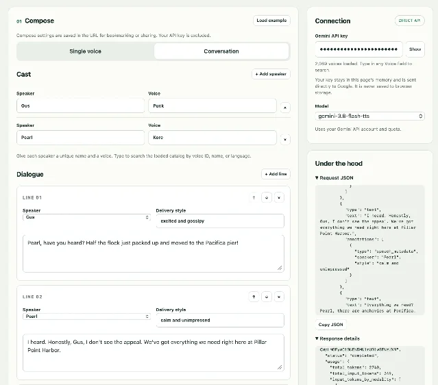Screenshot of a web page for composing multi-speaker speech, with a Compose panel containing a Conversation toggle, a Cast section pairing the speaker names Gus and Pearl with voices, and numbered dialogue lines that each carry a speaker, a delivery style and the spoken text, beside a Connection panel holding an API key field and a model selector