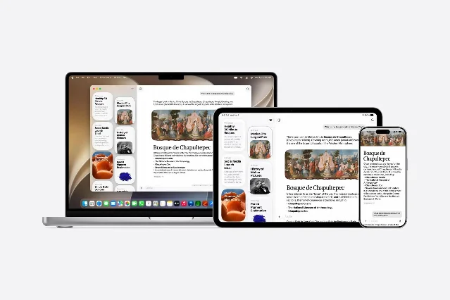 Siri AI 在 iPhone、iPad、MacBook 多设备上展示,界面呈现 AI 问答与跨应用控制