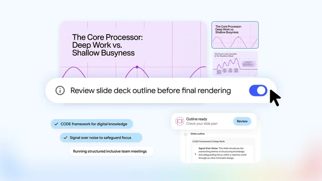 Google 官方界面示意图:幻灯片上方弹出"Review slide deck outline before final rendering"开关,开关处于打开状态,右下角显示 Outline ready 与 Review 按钮