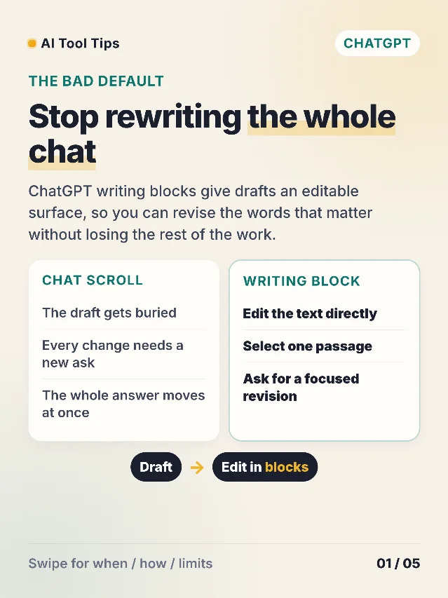 ChatGPT writing blocks: stop rewriting the whole chat
