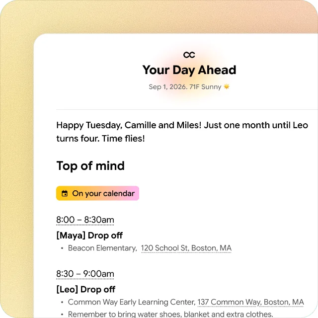 The CC brief, headed "Your Day Ahead" with a date and weather line, a "Top of mind" section, and a schedule of drop-offs with school names and street addresses