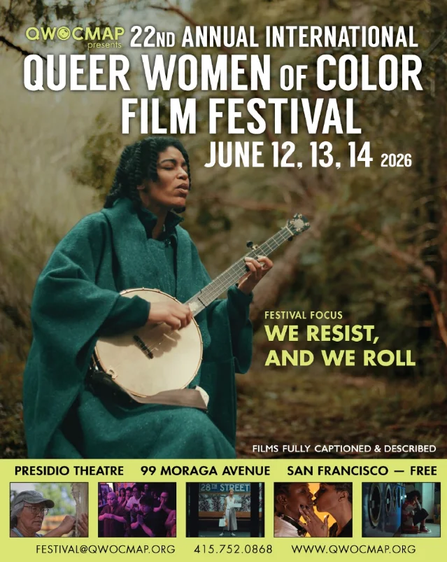 QWOCFF 2026 festival poster — Black woman in profile playing a banjo, festival details printed below