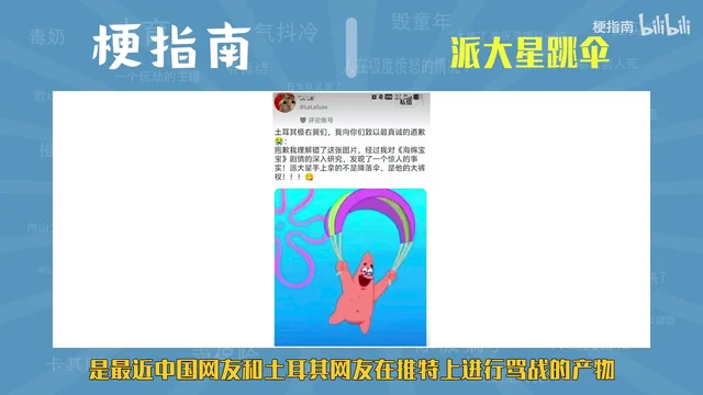 一条中文翻译的 X 帖截图,正文是写给「土耳其极右翼」的道歉信,下面配着派大星跳伞的原图