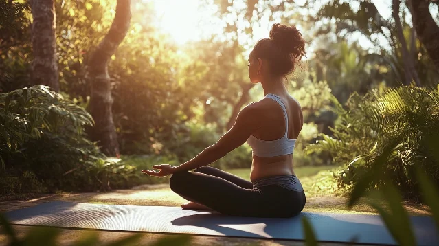 Person meditating outdoors in morning light