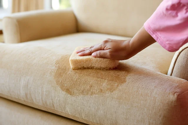 A hand pressing a sponge and a folded cloth into a damp mark on upholstery fabric