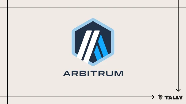 Arbitrum governance brand graphic with Tally logo — on-chain vote for Arbitrum Foundation 2027 budget at 99.8% approval rate