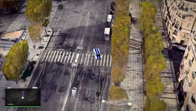 CrimeWorld driving in Paris 8th arrondissement — real Haussmann-style buildings in photogrammetry, car visible on historic boulevard