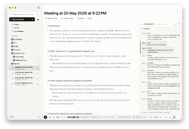 Speechmark macOS desktop interface showing meeting recaps and speaker-attributed transcripts