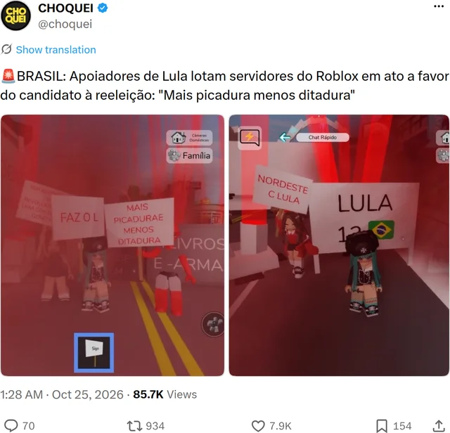 A post card from CHOQUEI with two in-game screenshots from a Brookhaven rally, avatars holding signs reading "MAIS PICADURA E MENOS DITADURA", "NORDESTE É LULA" and "LULA 13"