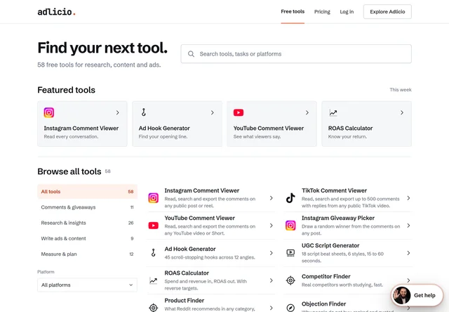 The Adlicio free tools index, headed "Find your next tool", with 58 tools listed and a category filter showing 11 comments and giveaways, 26 research and insights, 9 write ads and content, and 12 measure and plan