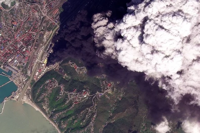 Satellite image showing aftermath of a previous strike on a Krasnodar-region oil facility, April 2026