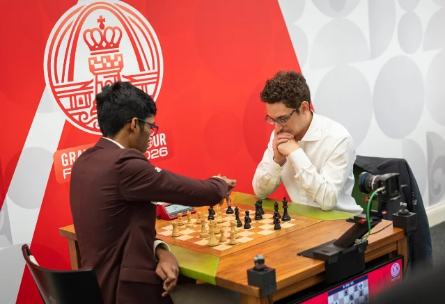 Praggnanandhaa and Fabiano Caruana during the 2026 Grand Chess Tour Finals