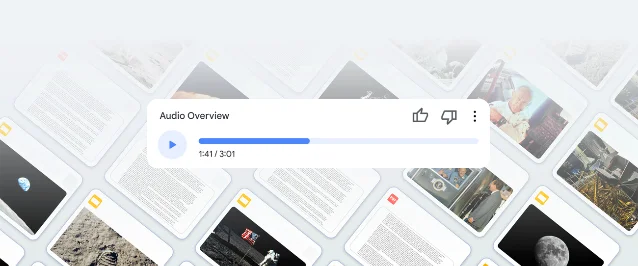 Audio Overviews player interface showing documents turned into a podcast-style discussion