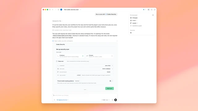 Codex Security's scan setup screen with choices for a codebase or code changes, a deep-scan option, branch selection, and a Start scan button