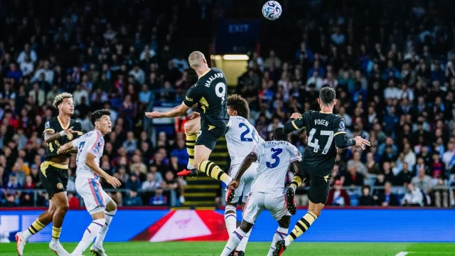 Erling Haaland rises to head the ball during Manchester City's win at Crystal Palace