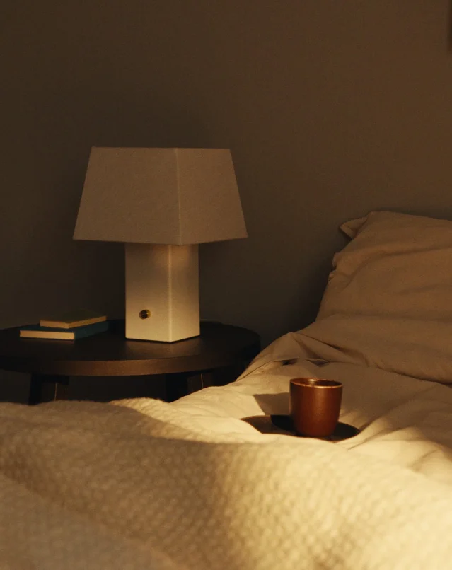 HALGATT white square table lamp on a bedside table