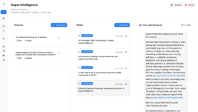 Open Notebook 公开界面截图，展示资料来源、AI 笔记和 Notebook 对话