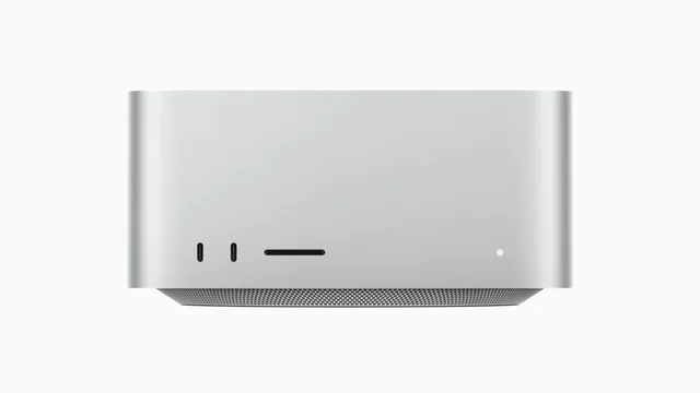 A single silver Mac Studio desktop computer photographed from the front on a plain white background