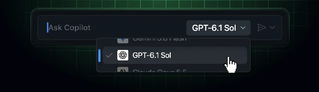 GitHub Copilot's model picker, with GPT-6.1 Sol selected and Gemini 3.8 Flash and Claude Opus 5.5 above and below it