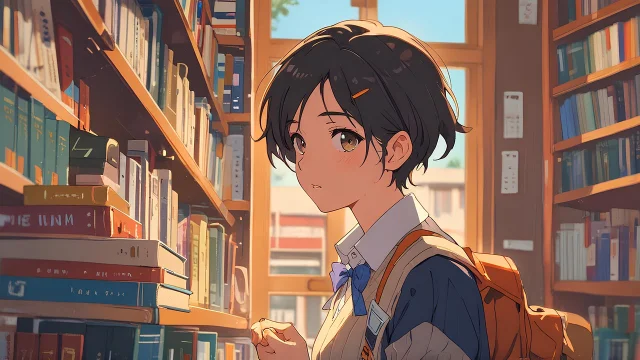 Anime student in a school library, warm afternoon light