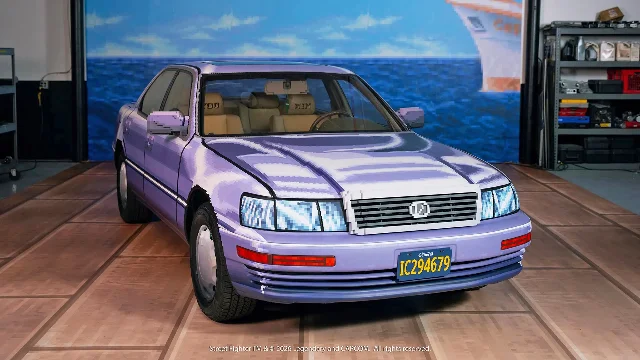 A lavender Lexus LS400 covered in a pixelated Street Fighter livery, photographed in a studio with an ocean backdrop