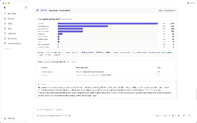 OpenSearch observability MCP App showing error counts and a root-cause analysis inside an agent IDE