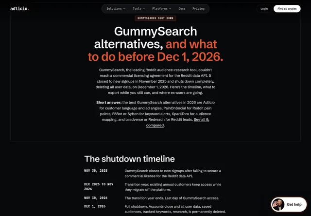The Adlicio page headed "GummySearch alternatives, and what to do before Dec 1, 2026", with a shutdown timeline running from November 2025 to December 2026