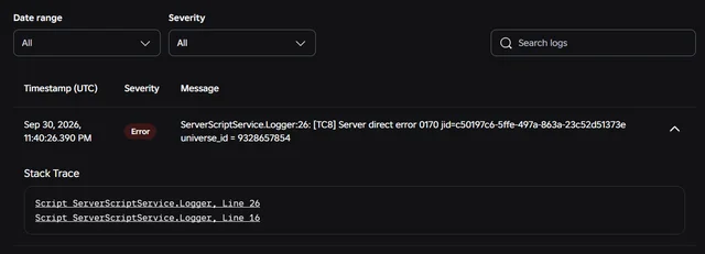 Creator Hub's server log view, showing one error row expanded into a stack trace with two linked frames naming Logger on line 26 and line 16