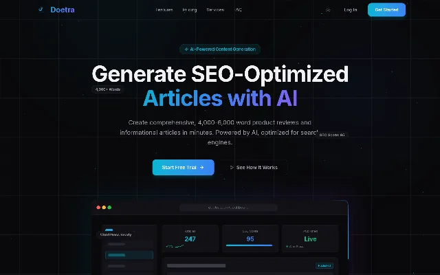 Doetra 官网首屏：导航为 Features、Pricing、Services、FAQ 与 Log In、Get Started；页面中央一枚 AI-Powered Content Generation 角标，下面是大标题 Generate SEO-Optimized Articles with AI 与一行副题 Create comprehensive, 4,000-6,000 word product reviews and informational articles in minutes. Powered by AI, optimized for search engines.；两枚按钮为 Start Free Trial 与 See How It Works；下方一台浏览器窗口演示 doetra.com/dashboard，台面上三块指标分别是 Articles 247、SEO Score 95、Published Live