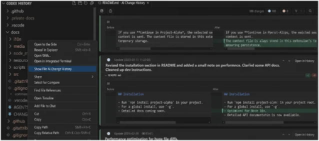 File AI Change History: Explorer context menu with 'Show File AI Change History' selected, before/after diff cards in the panel