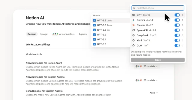 Notion AI Model Controls settings in the workspace admin panel