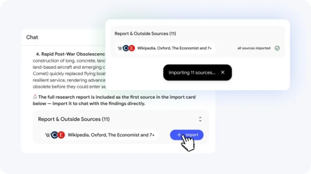 NotebookLM chat interface showing sources being discovered and added from web search
