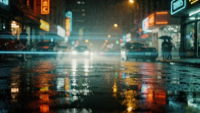 Rainy night street scene with warm orange neon signs reflecting on wet teal-tinted pavement — classic teal-and-orange Flux output