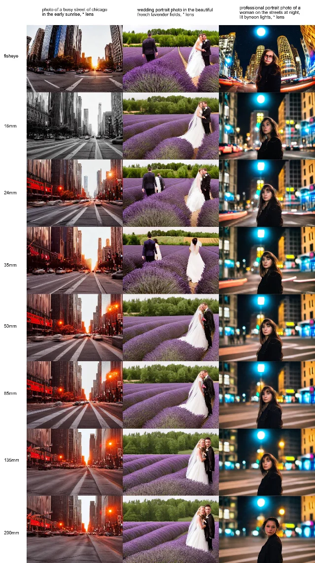 SDXL focal length study grid spanning 24mm through 200mm — background compression and depth of field visibly increase at higher mm values