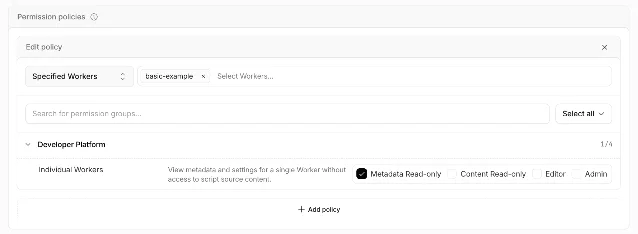 An account API token policy scoped to Specified Workers, with Metadata Read-only selected for Individual Workers
