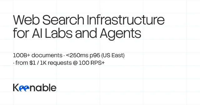 Keenable homepage slide stating web search infrastructure metrics for AI labs and agents