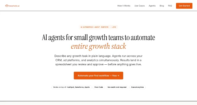 Meerkats.ai homepage showing the GTM orchestration interface