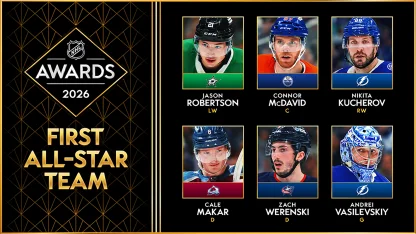 2025-26 NHL First All-Star Team infographic showing Robertson, McDavid, Kucherov, Makar, Werenski, and Vasilevskiy
