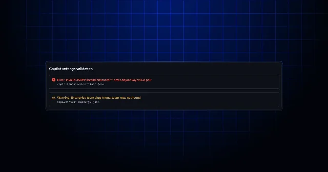 GitHub's Copilot settings validation card, showing an invalid JSON error in copilot/managed-settings.json and a warning that an enterprise team slug was not found in copilot/team-mappings.json