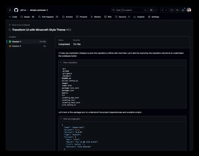 Copilot coding agent session log view