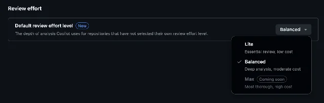 GitHub Copilot code review settings showing Lite and Balanced effort levels and their cost trade-off