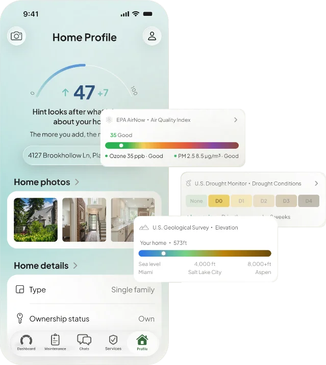 Hint's home profile screen with air quality, drought, elevation, and property details cards
